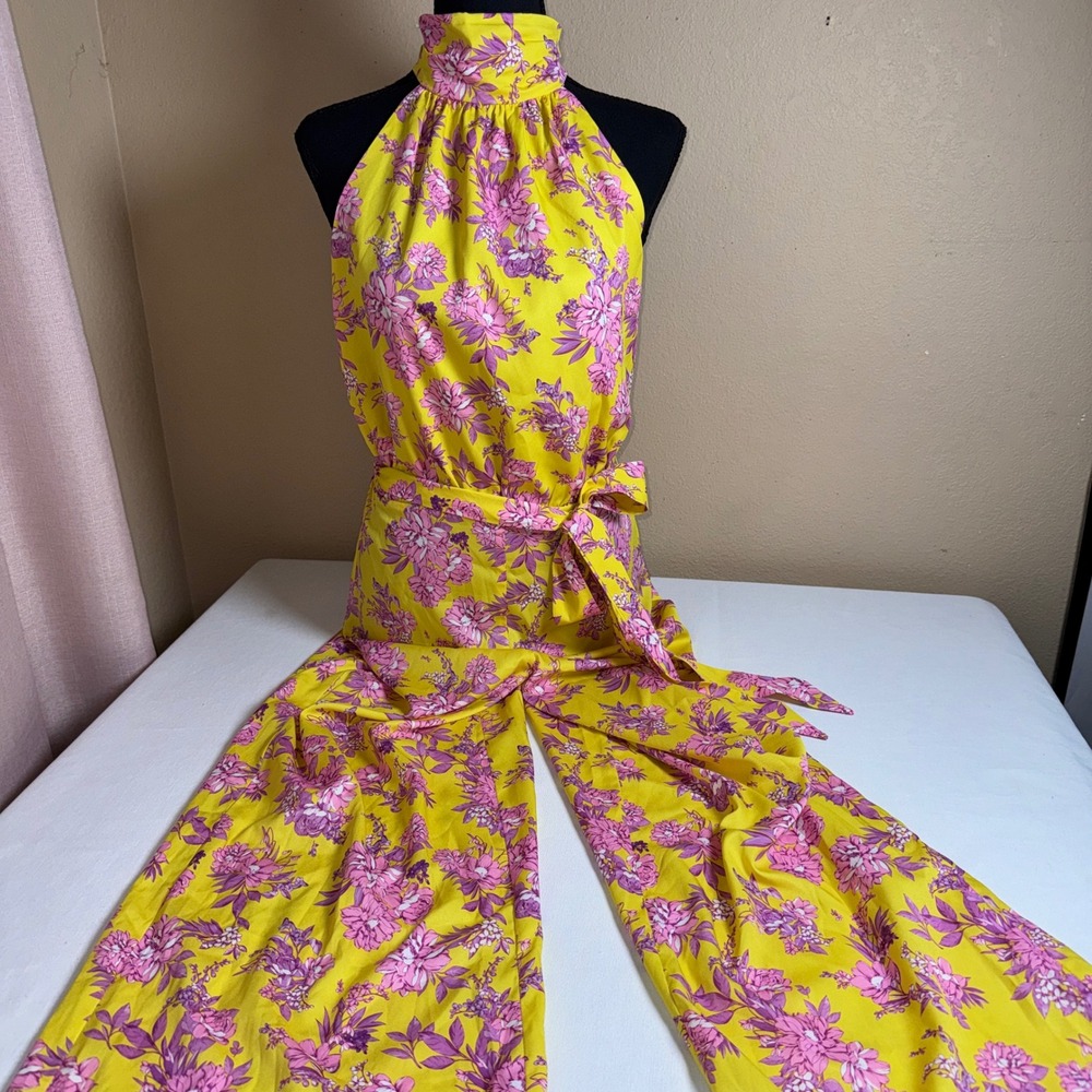 FATE Women Yellow Floral Halter Neck Wide Leg Jumpsuit Open Back Size M